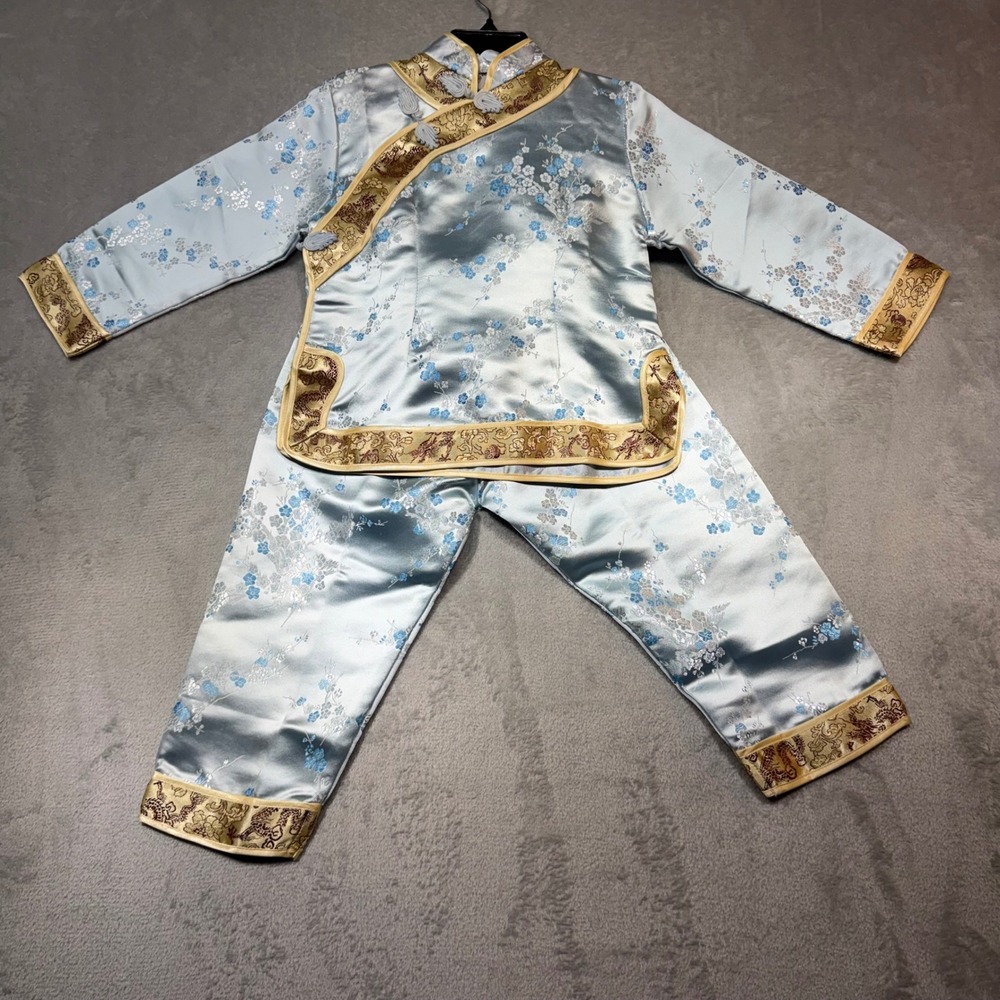 Vintage Double Peach Kids Size 4 Blue Satin Floral Tang Suit Cheongsam Set 90s‎